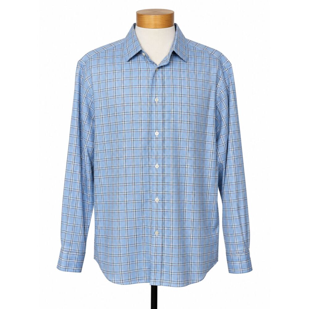 Banana Republic Tailored Slim Fit Button Up Men's L Blue White Plaid Dress Shirt